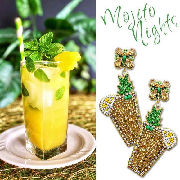 Mint Lemon Mojito Cocktail Seed Bead & Crystal Summer Resort Party Earrings NEW - Picture 1 of 4